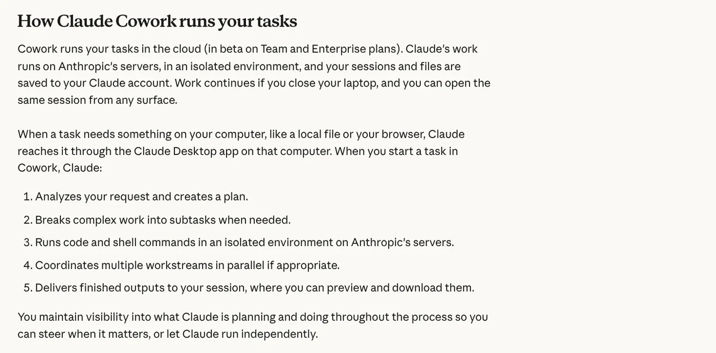 The How Claude Cowork runs your tasks section on the Claude Help Center: analyze the request, make a plan, split it into subtasks, deliver results