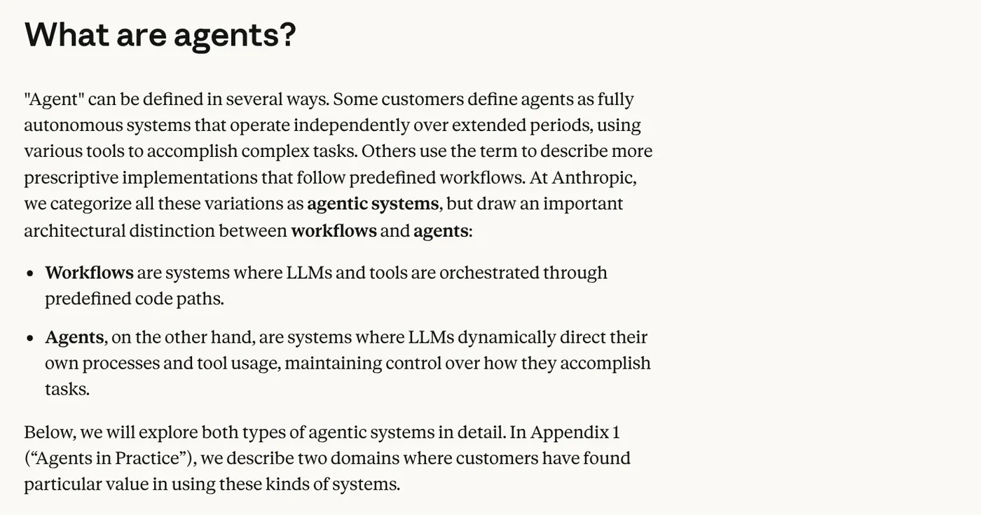 The What are agents section of Anthropic's Building effective agents article, separating workflows from agents