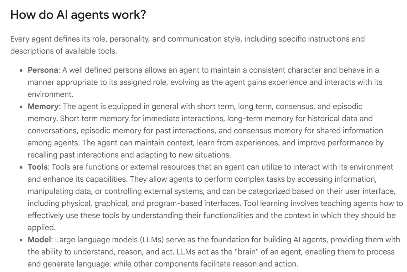The How do AI agents work section on Google Cloud, listing the four parts of an AI agent: Persona, Memory, Tools, and Model