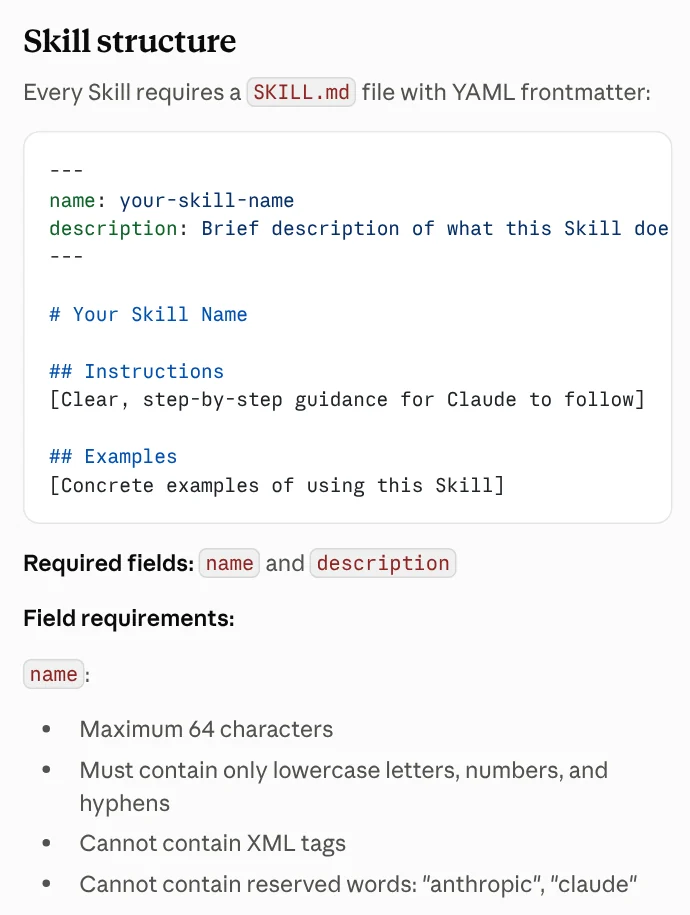 The Skill structure section of the Agent Skills docs: a sample SKILL.md file with YAML name and description, and the rules for the name field