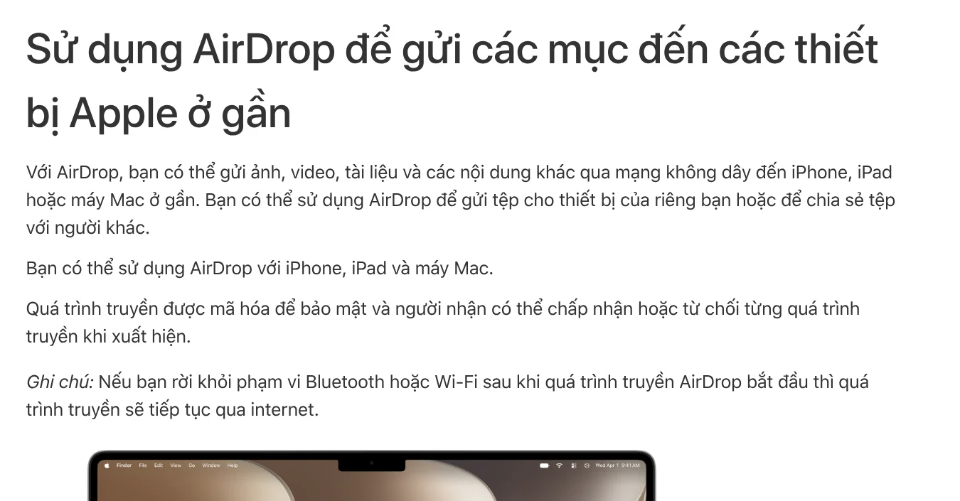 Trang hỗ trợ Apple ghi AirDrop gửi ảnh, video, tài liệu đến iPhone, iPad hoặc máy Mac ở gần