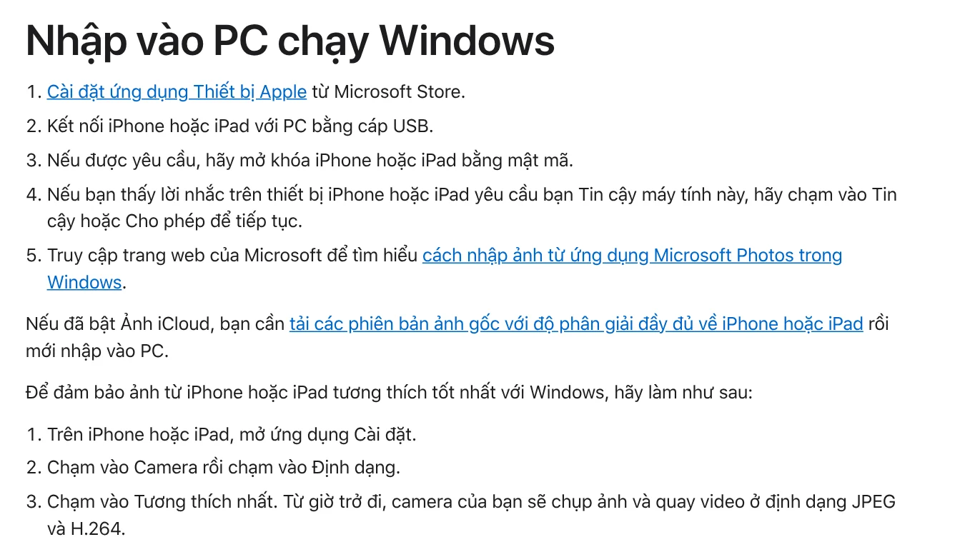 Các bước nhập ảnh từ iPhone vào PC chạy Windows: cài ứng dụng Thiết bị Apple, cắm cáp USB, mở khoá và chọn Tin cậy