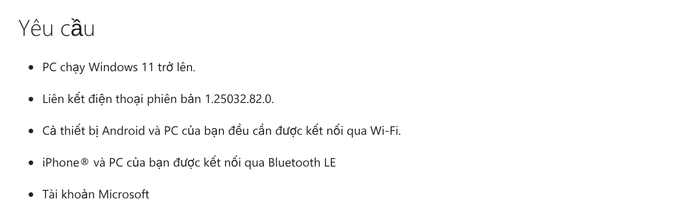 Yêu cầu để dùng thiết bị di động trong menu Bắt đầu Windows 11: Windows 11, Liên kết điện thoại, iPhone nối với PC qua Bluetooth LE, tài khoản Microsoft