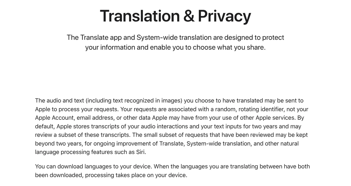 Apple Translation and Privacy page on how translation requests are sent, stored and reviewed