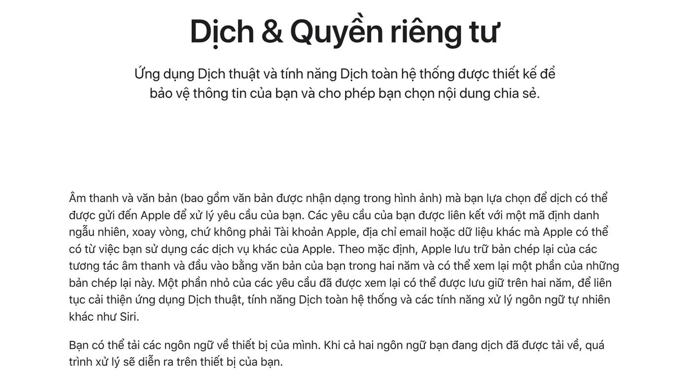 Trang Dịch và Quyền riêng tư của Apple về việc gửi, lưu và xem lại yêu cầu dịch