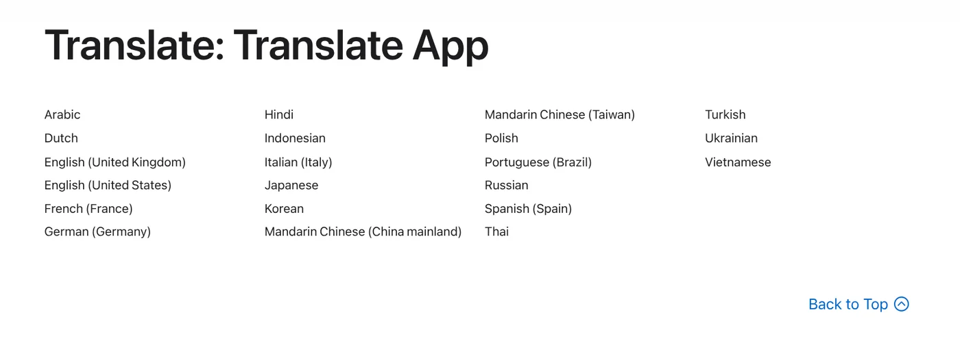 Apple feature availability list for the Translate app, including Vietnamese