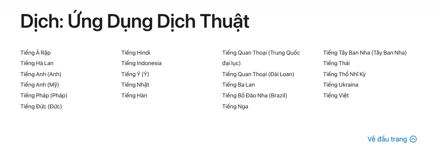 Danh sách ngôn ngữ của ứng dụng Dịch thuật trên trang Tính năng khả dụng của Apple, có Tiếng Việt