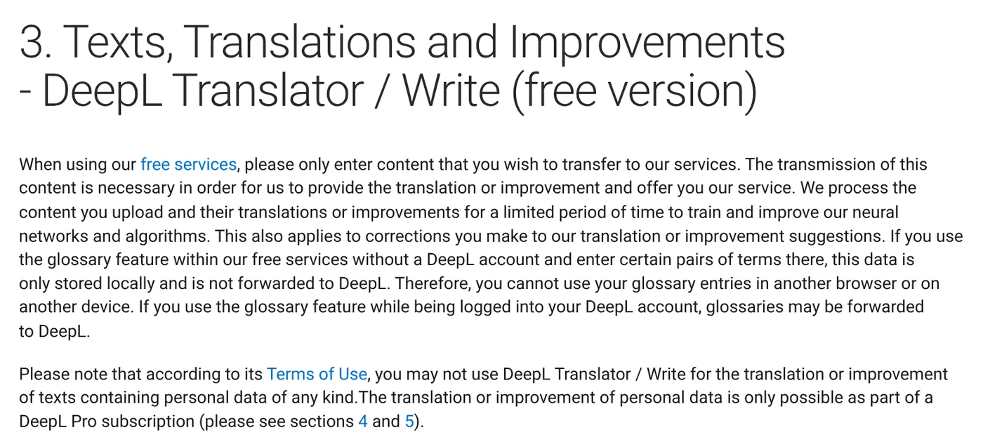 Section 3 of the DeepL privacy policy on texts and translations in the free version