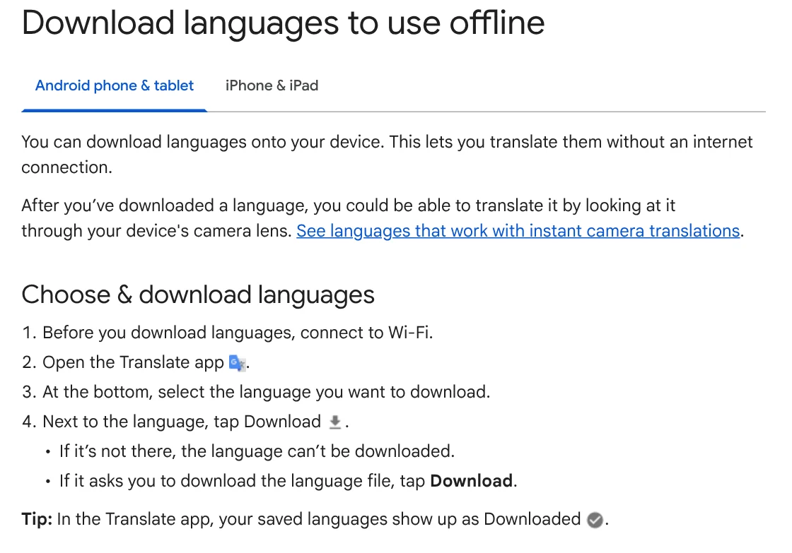 Google Translate Help steps to download languages and translate without an internet connection