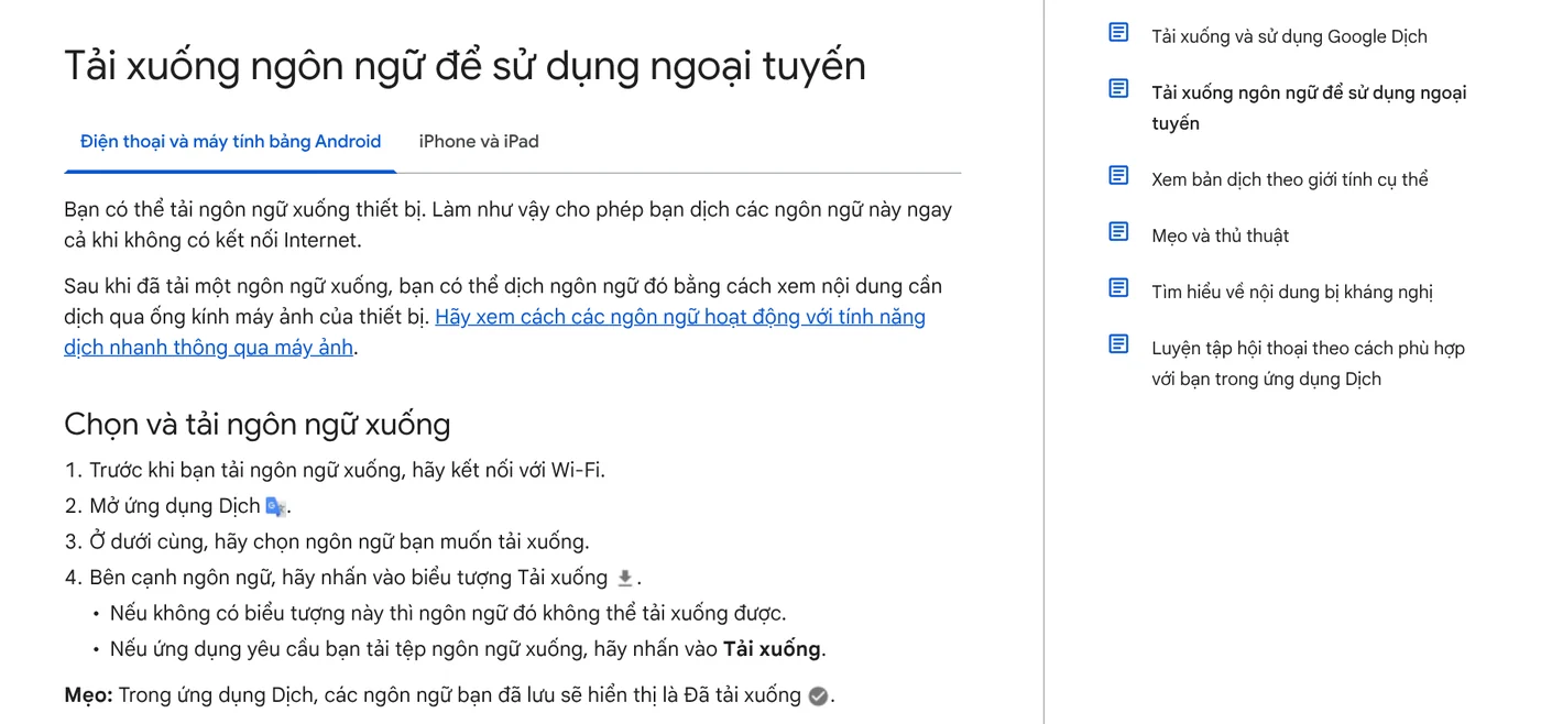 Trang trợ giúp Google Dịch hướng dẫn tải ngôn ngữ xuống để dịch khi không có kết nối Internet