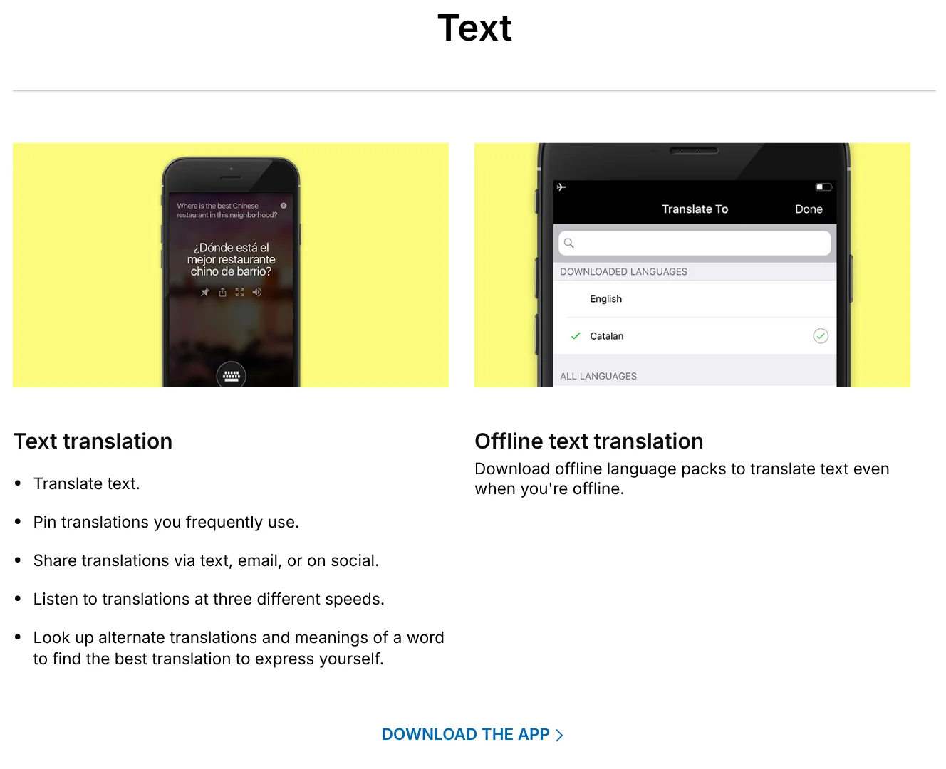 Text section of the Microsoft Translator features page with text translation and offline language packs