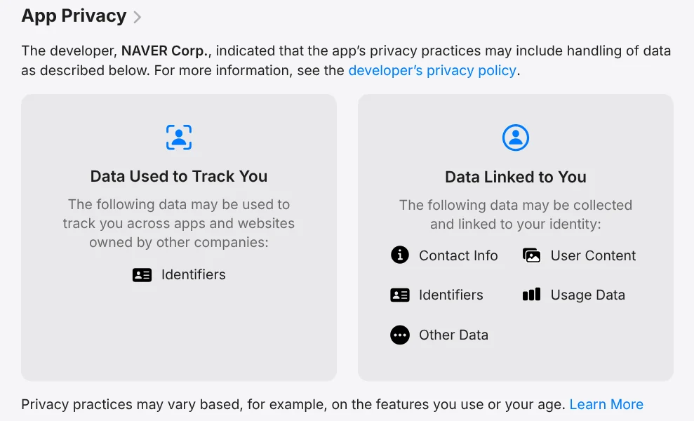 App Privacy section for Naver Papago on the App Store with data used to track you and data linked to you