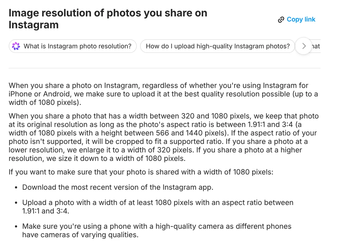 Instagram Help Center says a 1080 pixel wide photo keeps its resolution when its aspect ratio is between 1.91:1 and 3:4