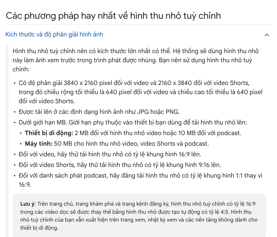 YouTube thumbnail size section: 3840 x 2160 for videos, 2160 x 3840 for Shorts, 16:9, 9:16 and 1:1 for podcasts
