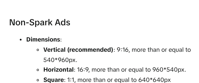 TikTok In-Feed ad video specs: vertical 9:16 recommended, horizontal 16:9 and square 1:1 with minimum sizes