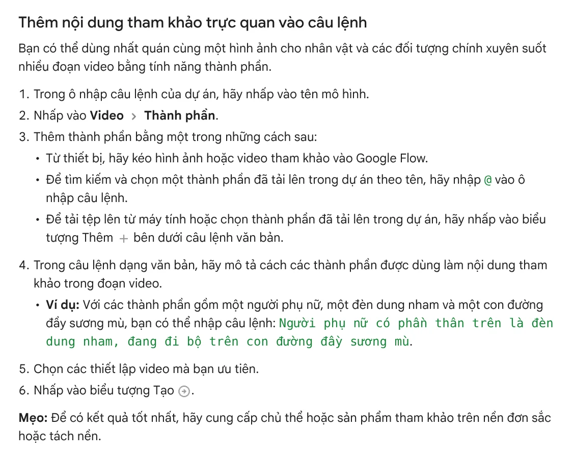 Add visual references section in Google Flow help, with a tip to use product photos on a plain or segmented background