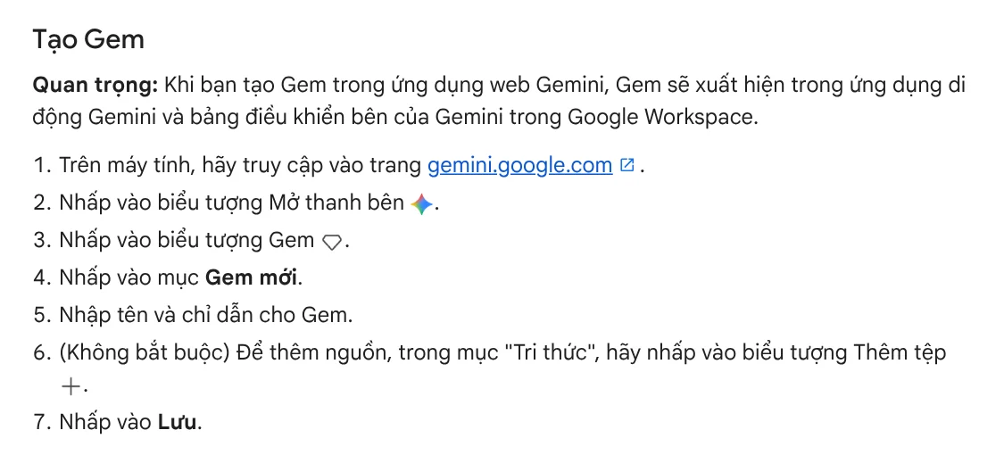Steps to create a Gem on the Gemini help page, including entering a name and instructions and adding files under Knowledge