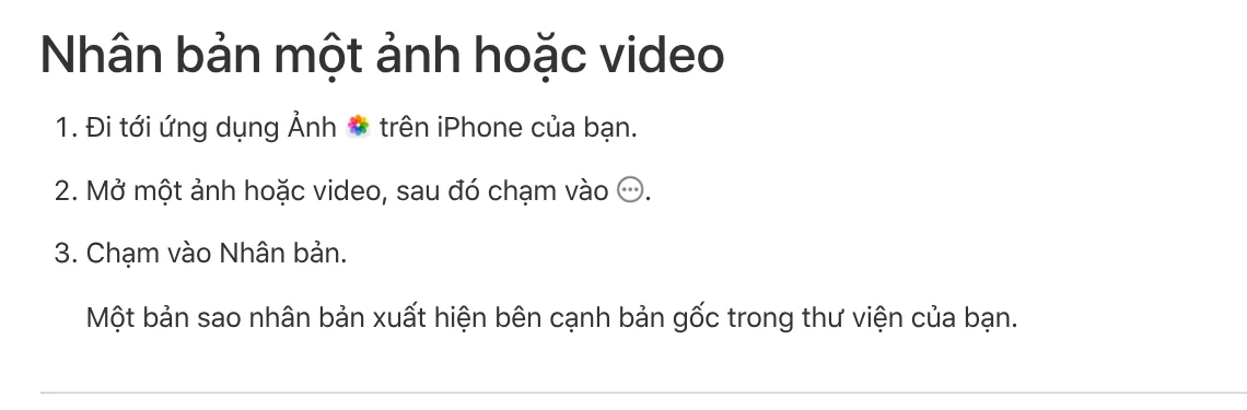 The section on duplicating a photo or video in Apple's iPhone guide, where the copy appears next to the original in the library