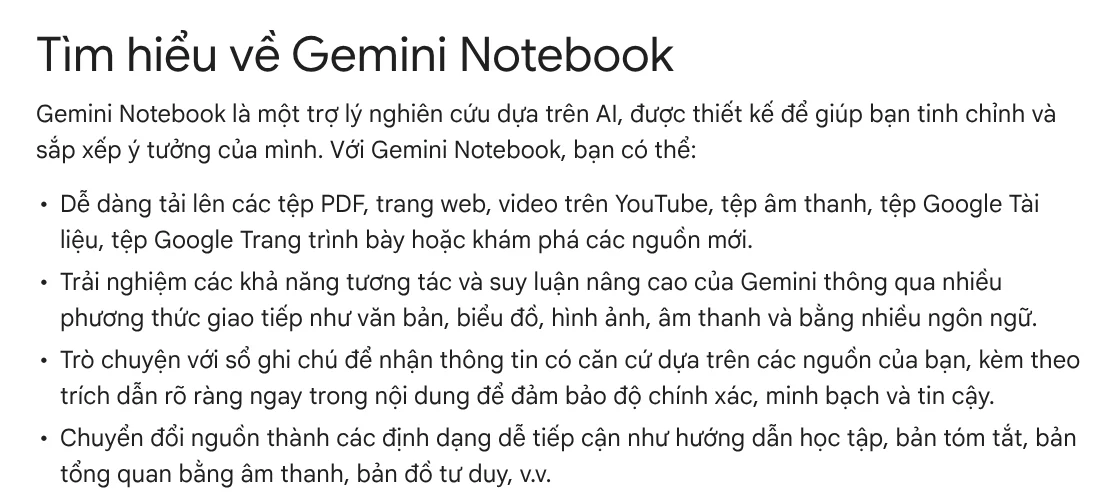 The Learn about Gemini Notebook page, listing the source types you can upload and chat answers with clear in-line citations