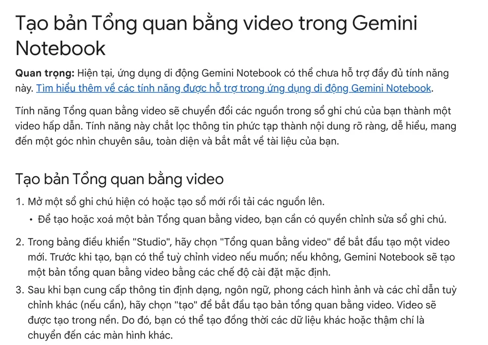 Steps to generate a Video Overview in Gemini Notebook from uploaded sources, from the Google help page