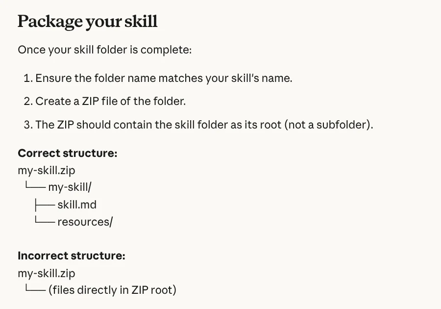 The Package your skill section of the Claude Help Center: correct and incorrect ZIP structures for packaging a skill