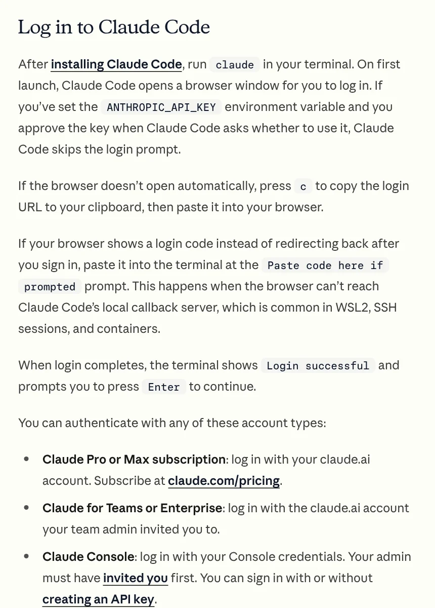 The Log in to Claude Code section of the authentication docs: the browser opens for login, press c to copy the URL, and the supported account types
