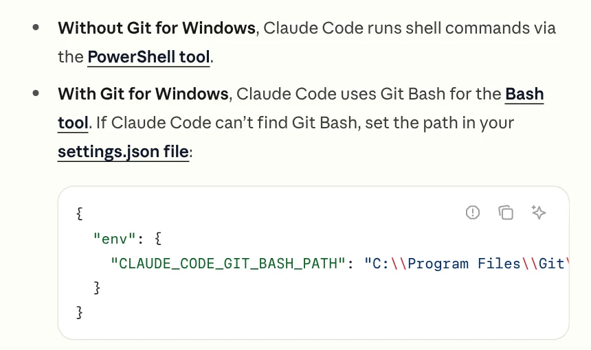 Claude Code docs explaining that without Git for Windows commands run through PowerShell, and with Git they use Git Bash, plus how to set the path