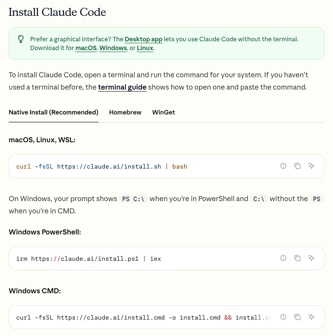 The Claude Code install commands on Anthropic's docs page, one for Windows PowerShell and one for Windows CMD