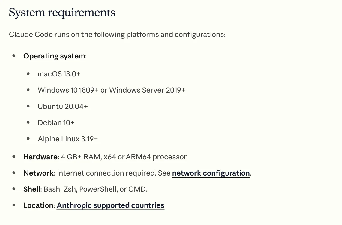 Claude Code system requirements: Windows 10 1809 or later, 4 GB of RAM or more, an x64 or ARM64 processor and an internet connection