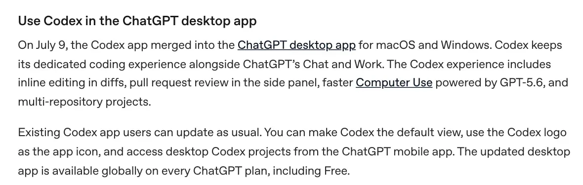 What's new page from OpenAI noting that the Codex app merged into the ChatGPT desktop app on July 9