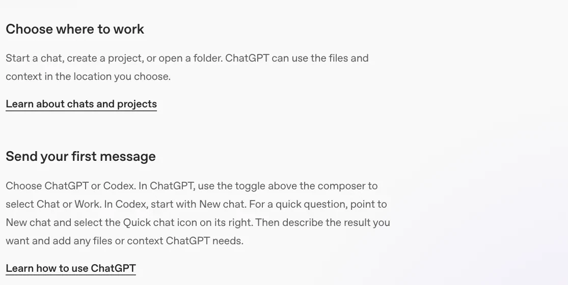 ChatGPT desktop app guide with the line In Codex, start with New chat, then add any files