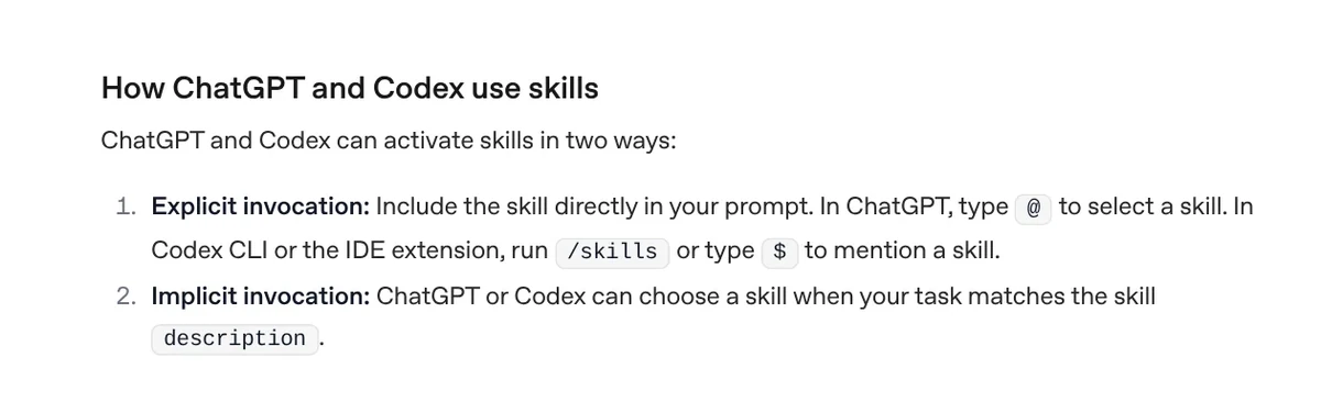 How ChatGPT and Codex use skills section showing /skills, $ mentions and implicit invocation