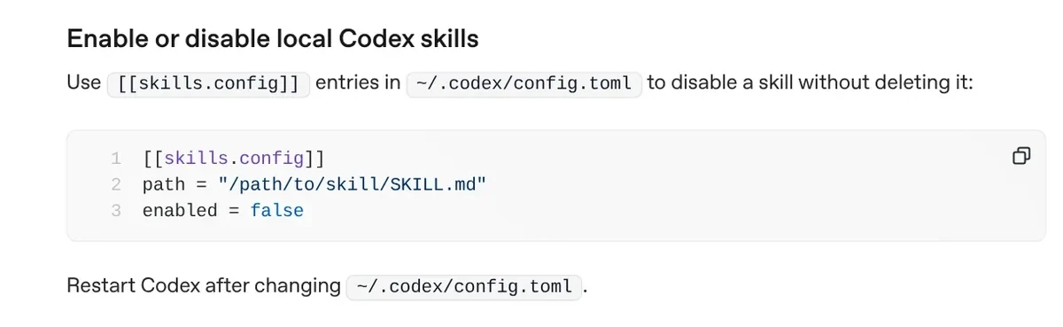 Enable or disable local Codex skills section with a skills.config entry in config.toml
