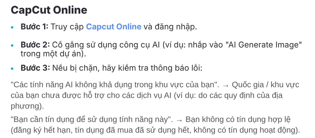 CapCut help page with the steps to check when AI features are blocked on CapCut Online, including the region message and the credits message