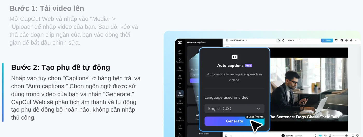 CapCut AI caption generator page: the upload step and the step to click Captions, Auto captions, pick a language, then Generate
