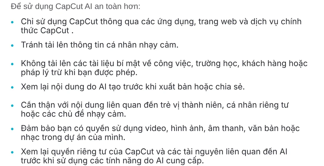 CapCut help page listing ways to use CapCut AI more safely: use only official apps, do not upload sensitive information, review AI content before posting