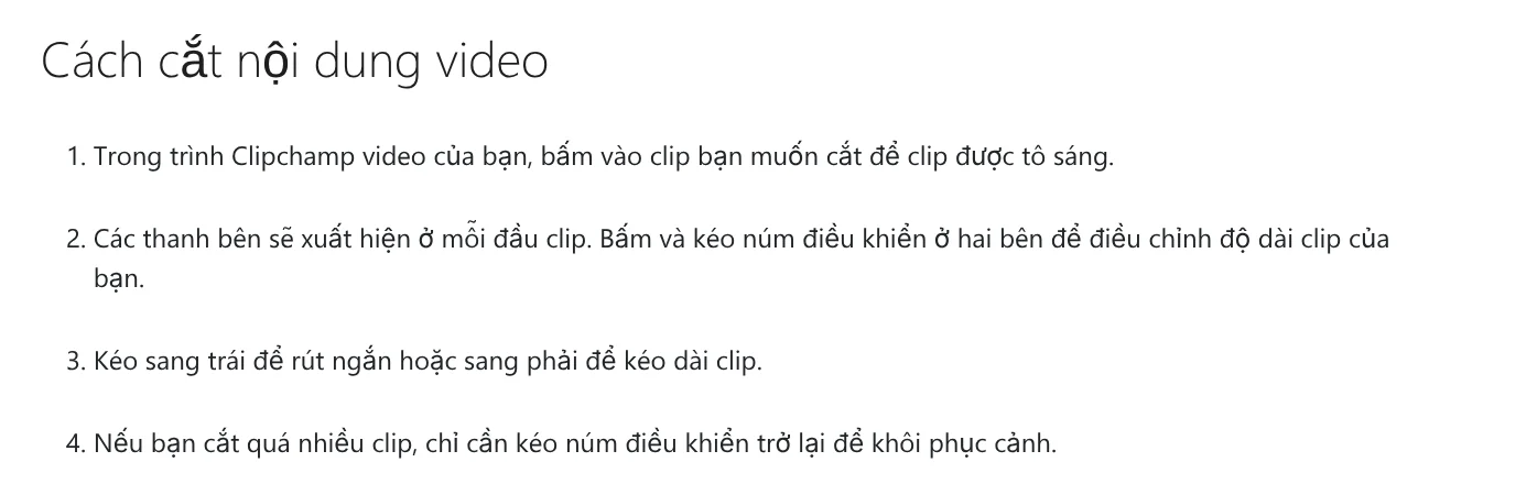 Microsoft guide to trimming a clip in Clipchamp by dragging the handles at both ends of the clip on the timeline