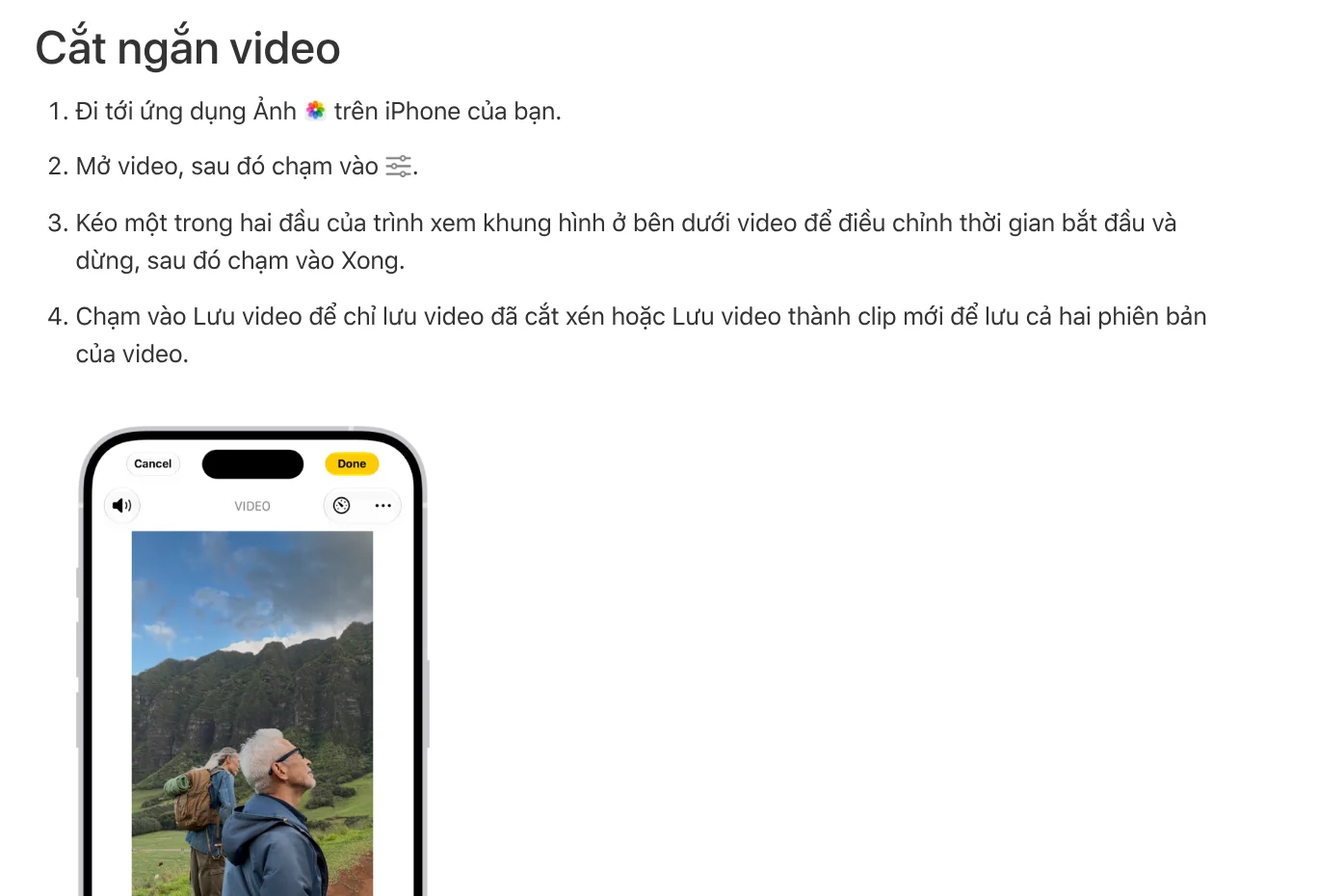 Steps to trim a video in the Photos app on iPhone: drag either end of the frame viewer, tap Done, then choose Save Video as New Clip