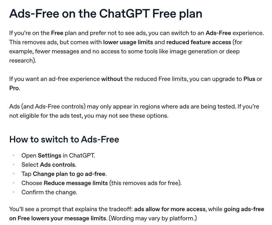 The Ads-Free on the ChatGPT Free plan section on the OpenAI help page: going ad-free means lower message limits and fewer tools