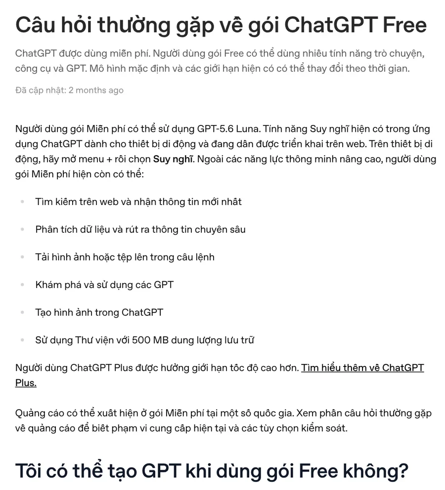 OpenAI help page listing what the ChatGPT Free plan includes: web search, data analysis, file uploads, GPTs, image generation, and 500 MB of Library storage