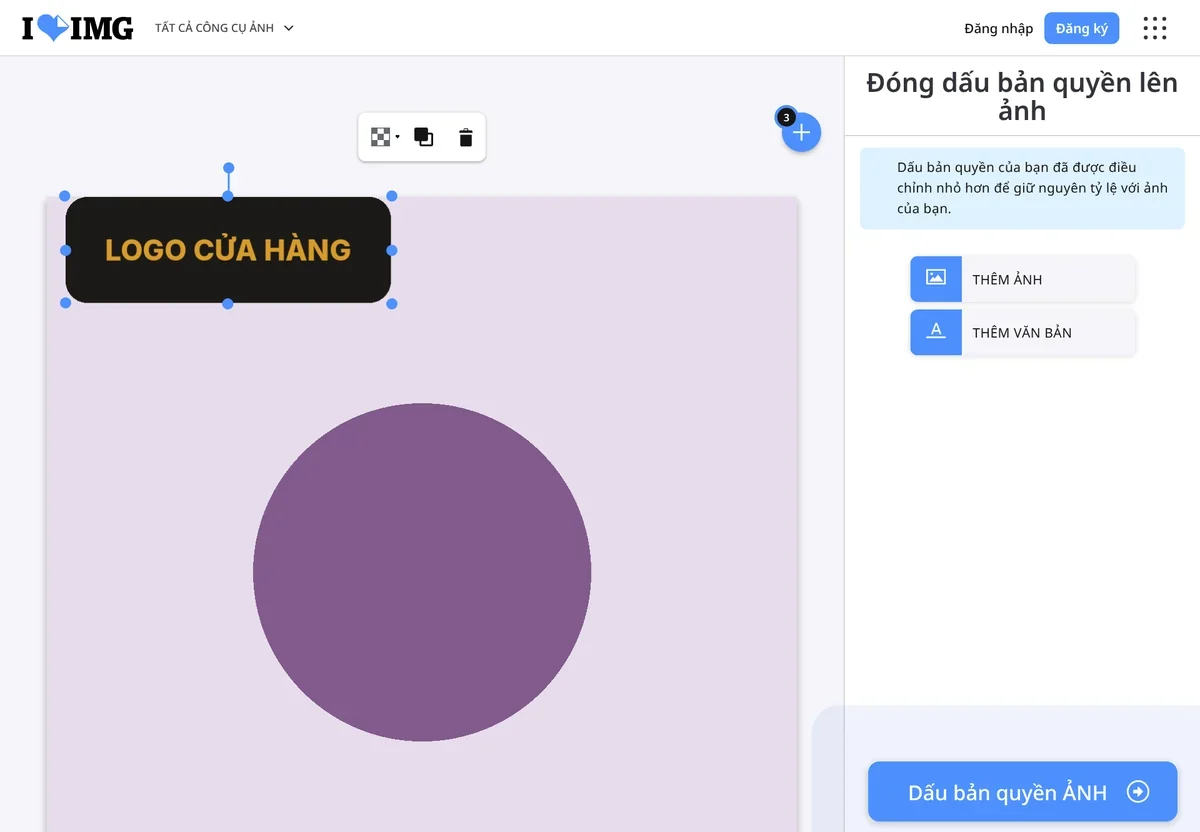 Trình Dấu bản quyền ẢNH của iLoveIMG với logo đặt ở góc trên ảnh sản phẩm, nút Thêm ảnh, Thêm văn bản và số 3 ảnh đang chờ đóng dấu