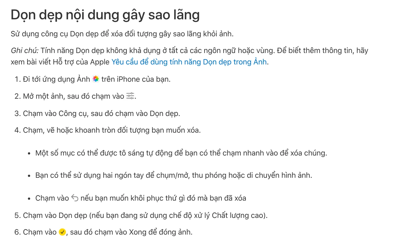 Steps to use the Clean Up tool in the iPhone Photos app to remove distracting objects, from Apple's support page