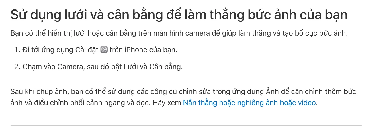 Apple's instructions for turning on Grid and Level in Camera settings to shoot straight, balanced photos on iPhone