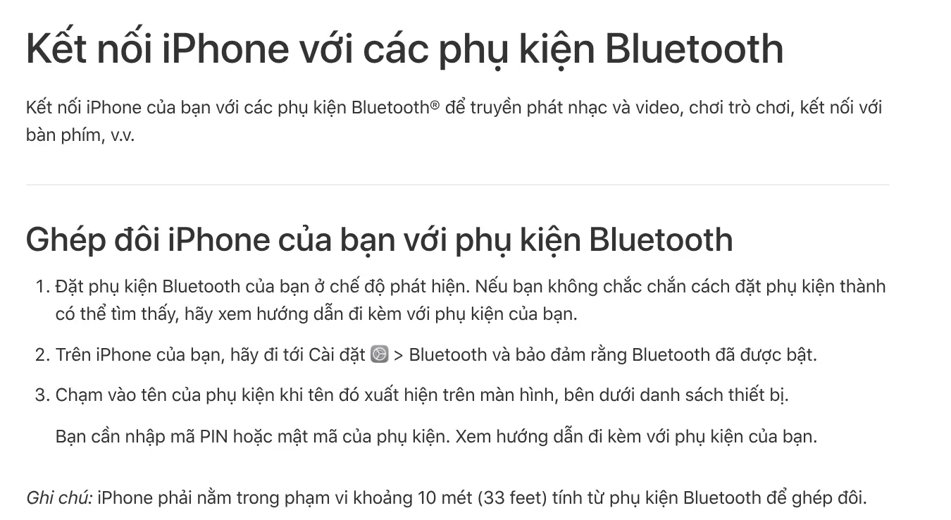 Trang Kết nối iPhone với các phụ kiện Bluetooth của Apple: dùng để truyền phát nhạc, video, chơi trò chơi, kết nối bàn phím