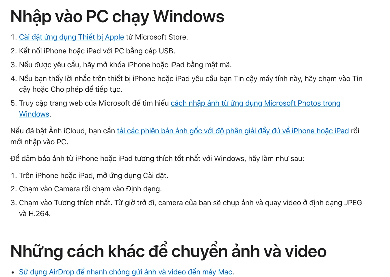 Mục Nhập vào PC chạy Windows trên trang hỗ trợ Apple: cài ứng dụng Thiết bị Apple, kết nối iPhone bằng cáp USB, chạm Tin cậy