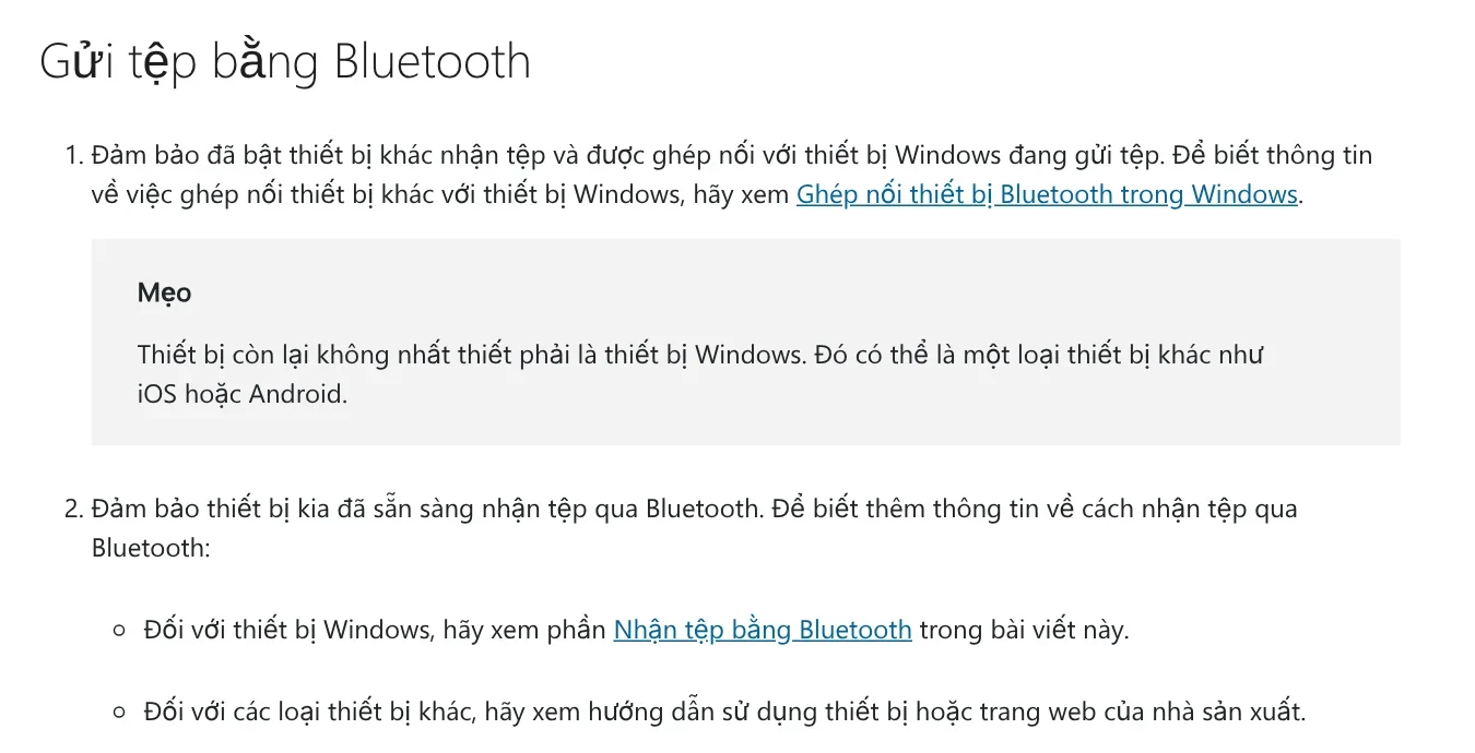 Mục Gửi tệp bằng Bluetooth trong trợ giúp Windows, mẹo ghi thiết bị còn lại có thể là iOS hoặc Android nhưng cần xem hướng dẫn của nhà sản xuất