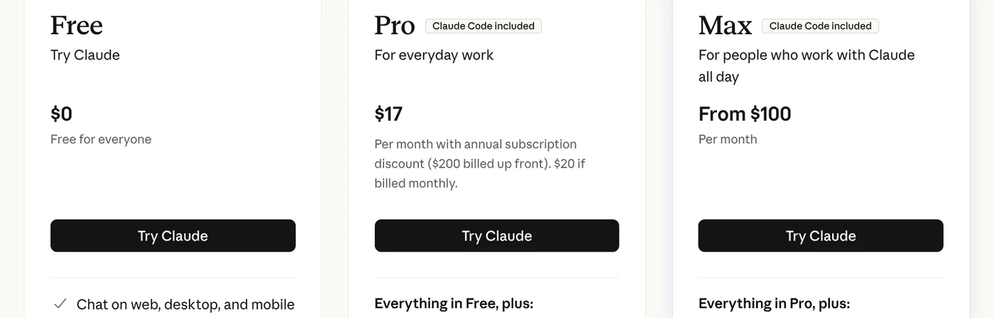 Claude pricing table for October 2026: Free at $0, Pro at $17 per month billed annually, Max from $100, with Pro and Max marked Claude Code included