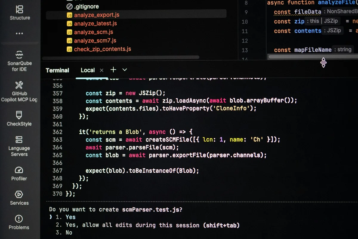 Terminal in a code editor asking whether to create the file scmParser.test.js, with three choices: Yes, allow all edits, and No