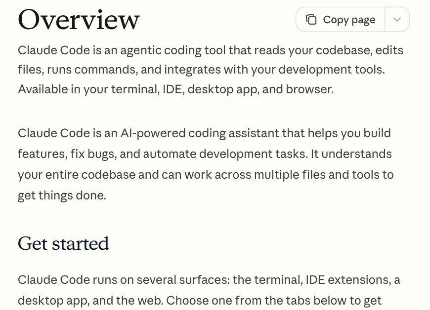 Claude Code documentation page introducing an agentic coding tool that reads code, edits files and runs commands, available in the terminal, IDE, desktop app and browser