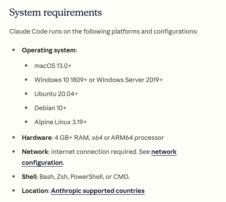 System requirements section on the Claude Code setup page: macOS 13.0, Windows 10 1809, Ubuntu 20.04, Debian 10, 4 GB of RAM, an internet connection and a supported country